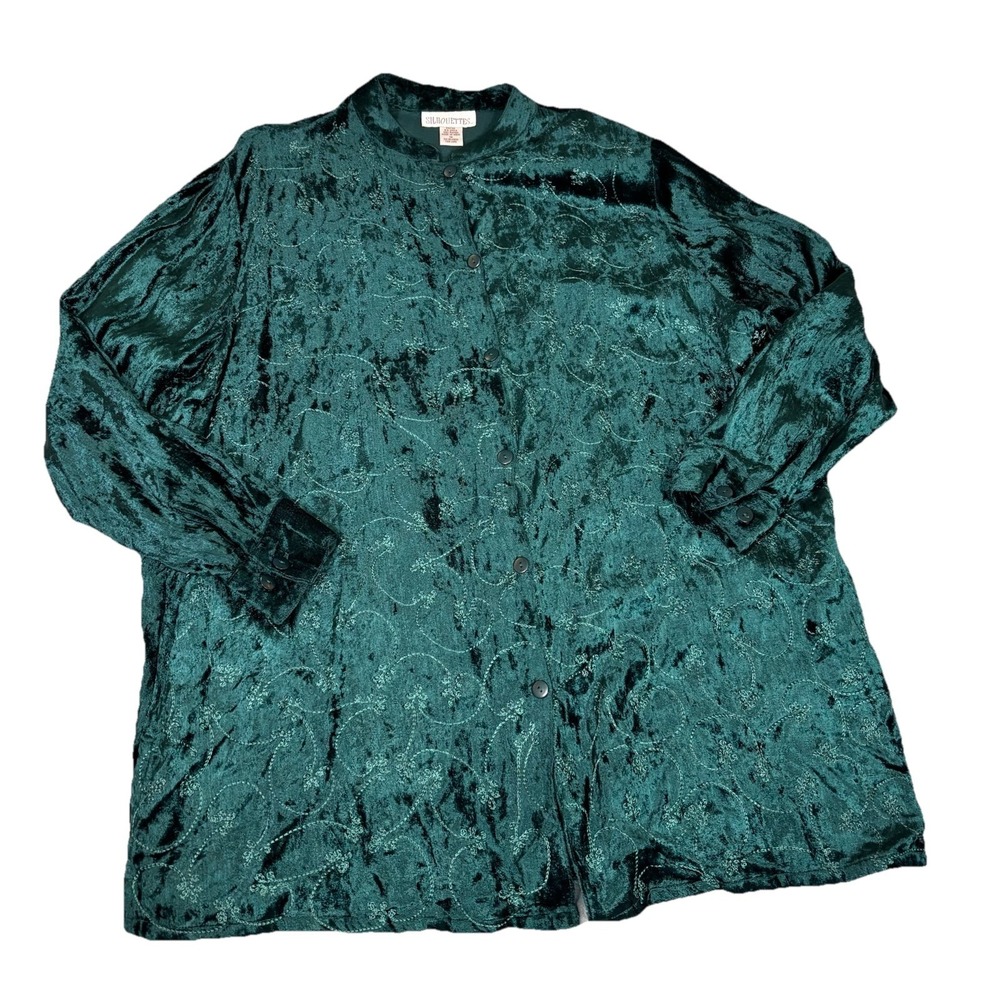 Vintage Silhouettes Embroidered Velvet Button Down Shirt Top 1X‎ Green Holiday
